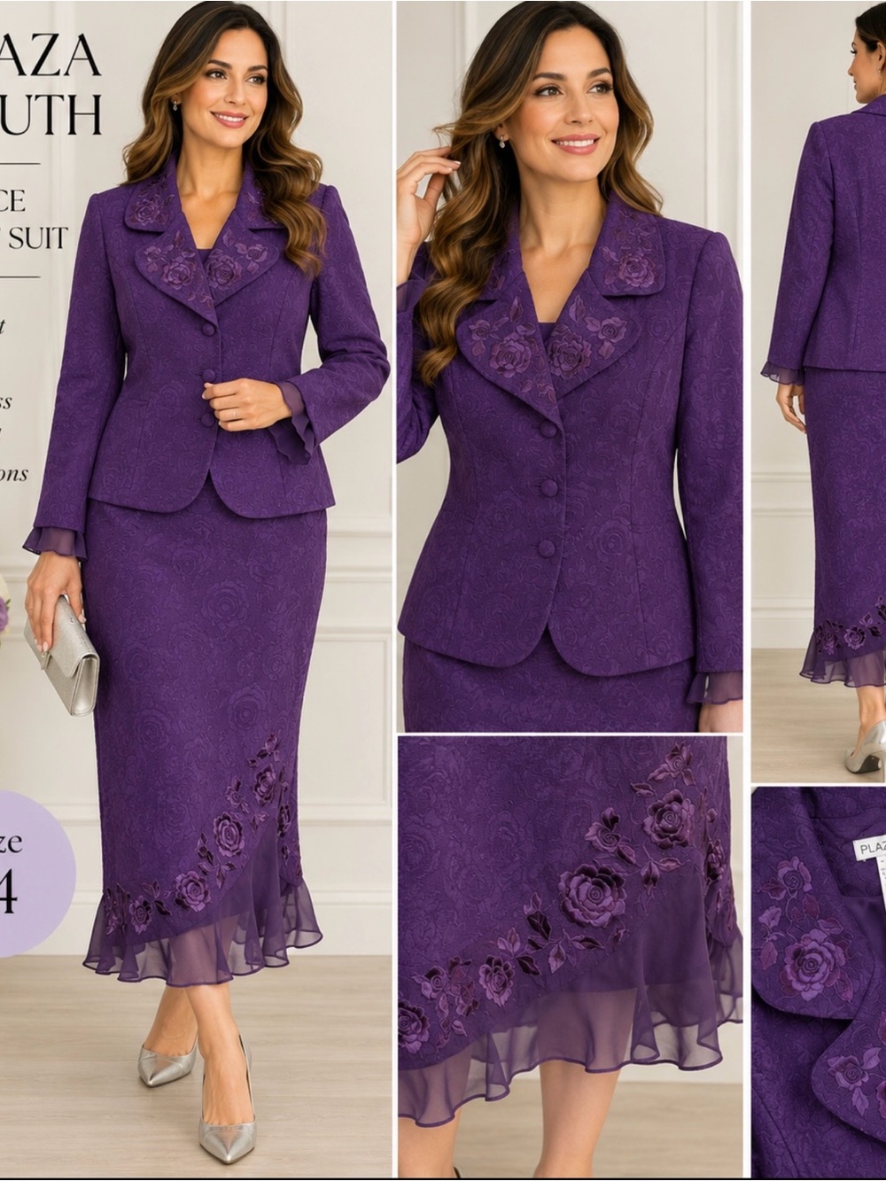 Plaza South Women’s Size 14 Purple Floral 2 Piece Skirt Suit Jacket Set